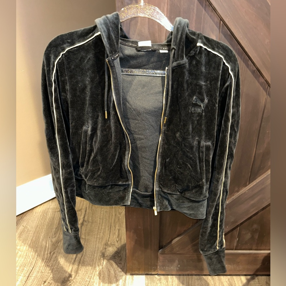 Puma Black Velour Hoodie with Gold Details